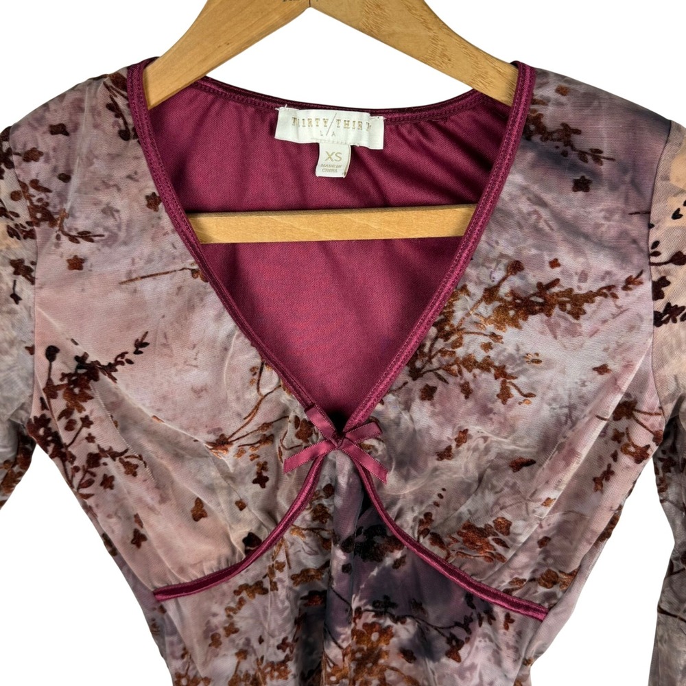 Mesh Floral Burnout Velvet V-Neck Top Brown Mauve XS Dark Romantic Vampire
